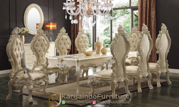 Meja Makan Mewah Putih Classik Luxury Carving Jepara KF-23